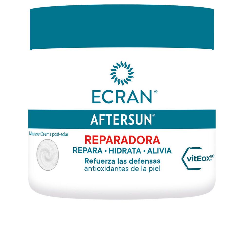 Weißer Tiegel mit blauem Deckel. Aufschrift: ECRAN AFTERSUN REPARADORA. Spanischer Text. Logo: viteEox.