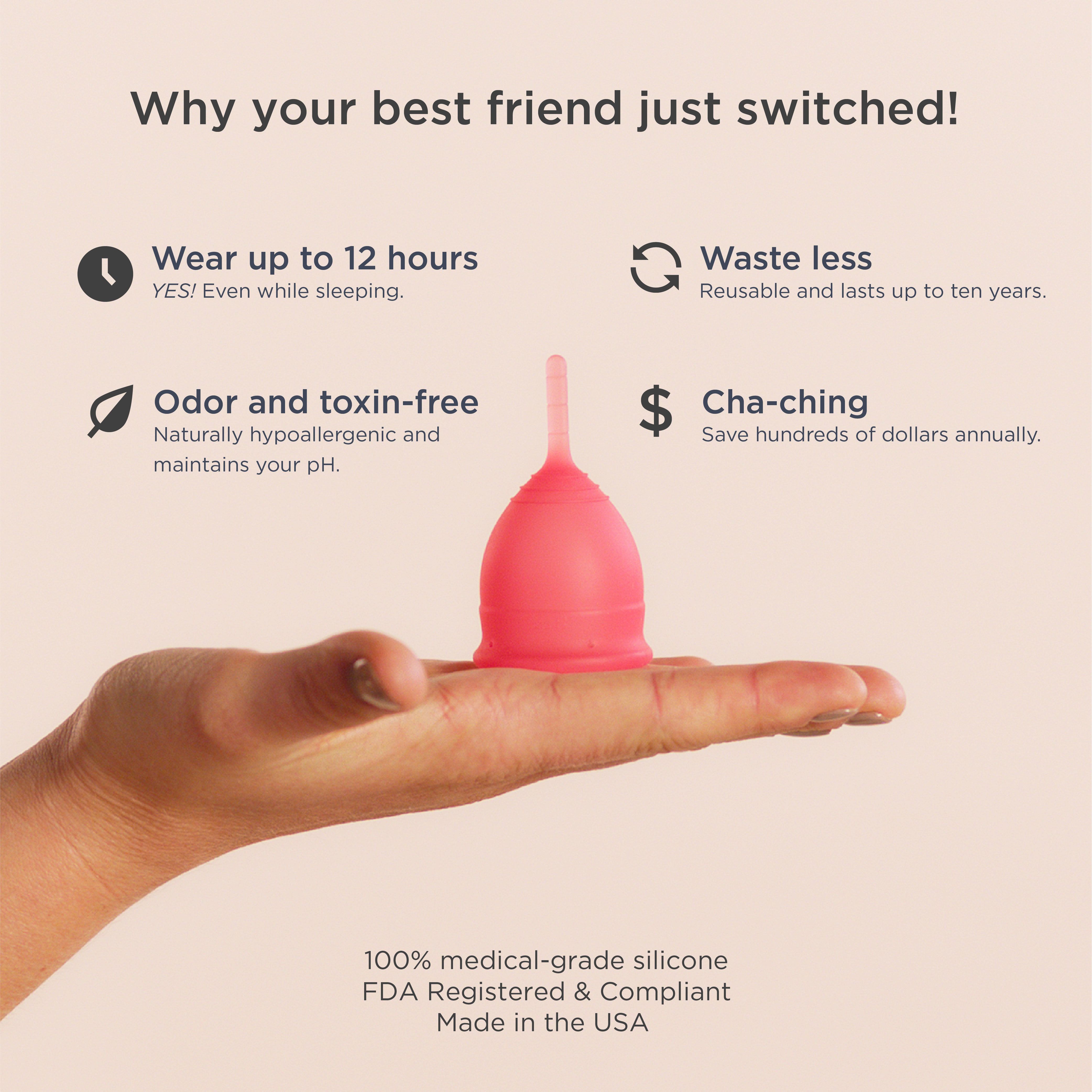 Rosa Menstruationstasse auf Handfläche. Text: 100% medizinisches Silikon, FDA-registriert.
