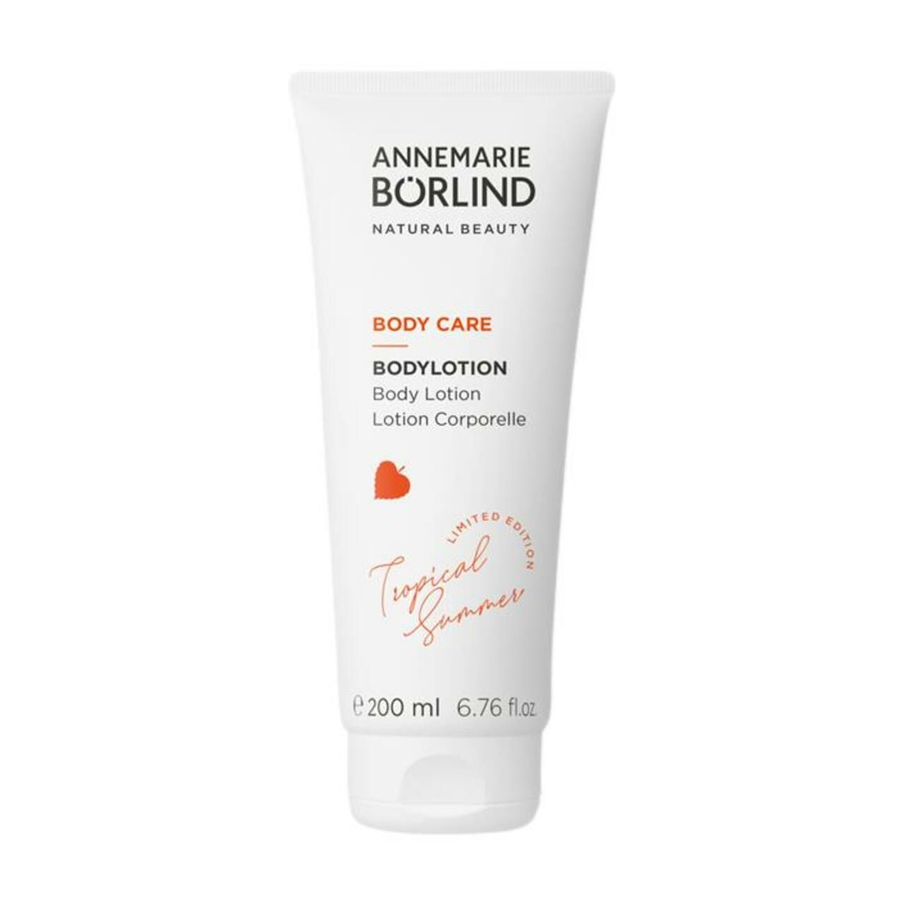 Weiße Tube mit "ANNEMARIE BÖRLIND"-Logo, "BODY CARE BODYLOTION" und "Tropical Summer" Schriftzug. 200 ml.