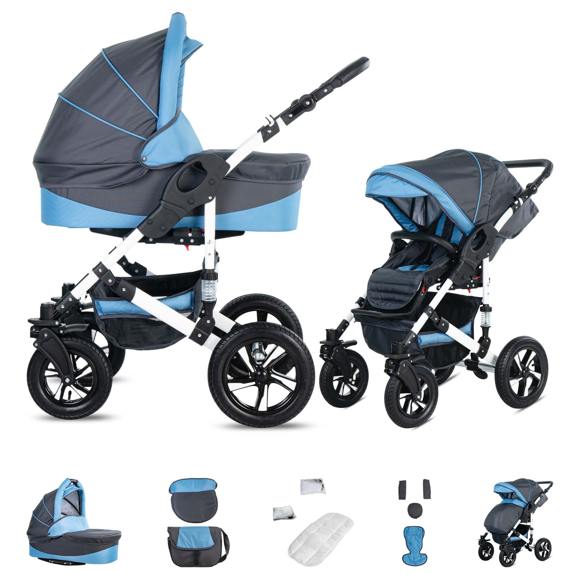 Kombikinderwagen, grau-blau. Zwei Konfigurationen: Babywanne und Sportsitz. Zubehör: Tasche, Matratze, Abdeckungen. Hartgummireifen.