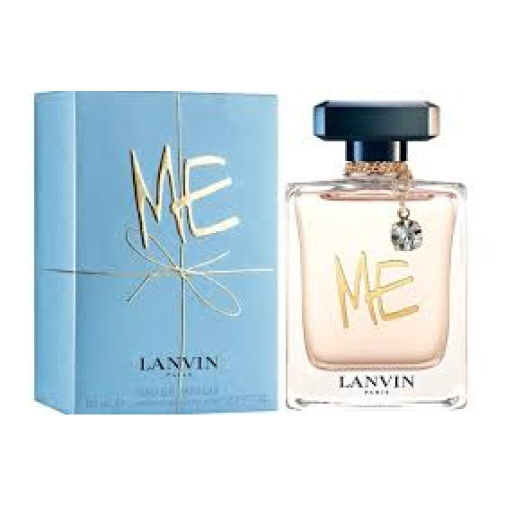 Parfümflakon und Verpackung. Flakon mit schwarzem Verschluss und Anhänger. Aufschrift "ME". Marke: Lanvin.