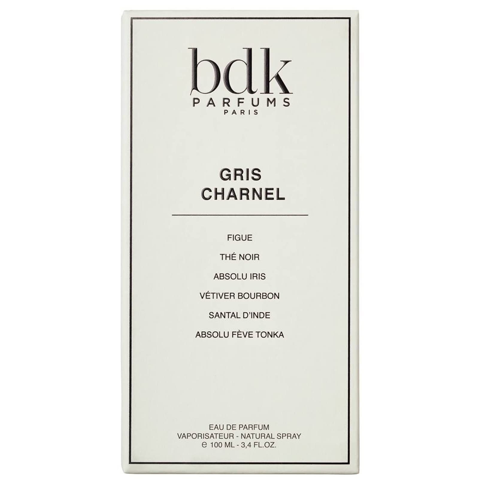 BDK Gris Charnel EdP Nat. Spray Verpackung. Weiße rechteckige Verpackung mit Produktnamen und Inhaltsstoffen.