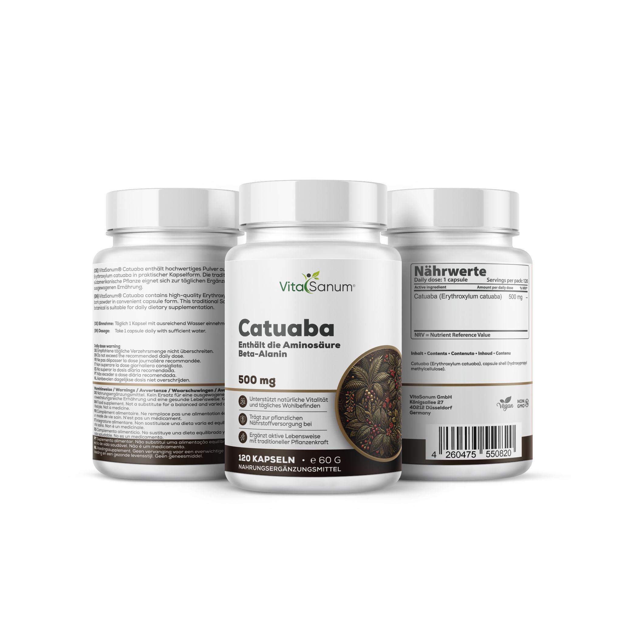 Drei Behälter VitaSanum Catuaba Kapseln, 500 mg. Einer vorne, zwei hinten, mit detaillierten Produktinformationen auf den Etiketten.
