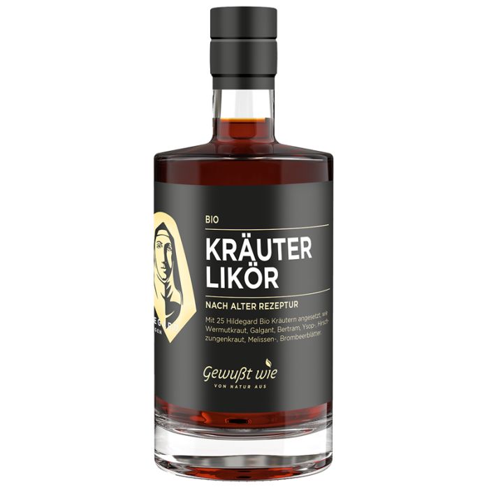 Braune Kräuterlikör-Flasche mit schwarzem Etikett. Aufschrift: Kräuter Likör, Bio. Logo: Frau mit Haube.
