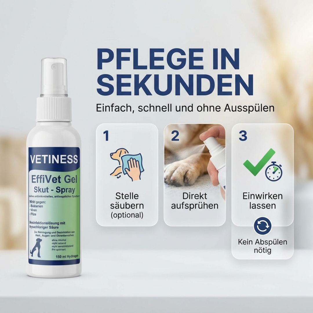 Weißes Sprayfläschchen mit grünem Etikett. Text: Vetiness EffiVet Skut - Spray. Drei Schritte: Reinigen, sprühen, einwirken lassen. Kein Ausspülen.