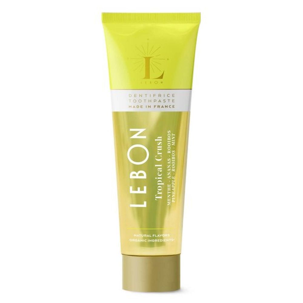 Gelbe Zahnpasta-Tube mit goldfarbenem Verschluss. Aufschrift: LEBON, Tropical Crush, Made in France.