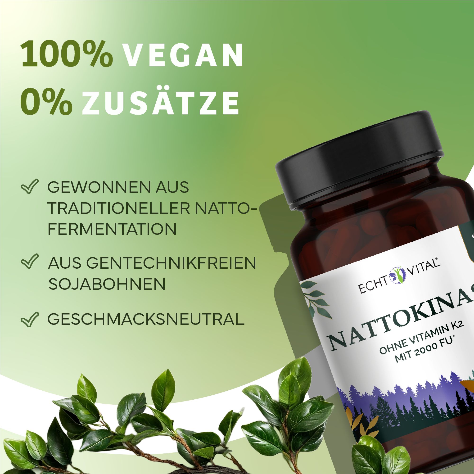 Braune Glasflasche mit schwarzem Deckel. Etikett mit Produktname Nattokinase, Logo und Text. Grün-weißer Hintergrund mit Blättern.