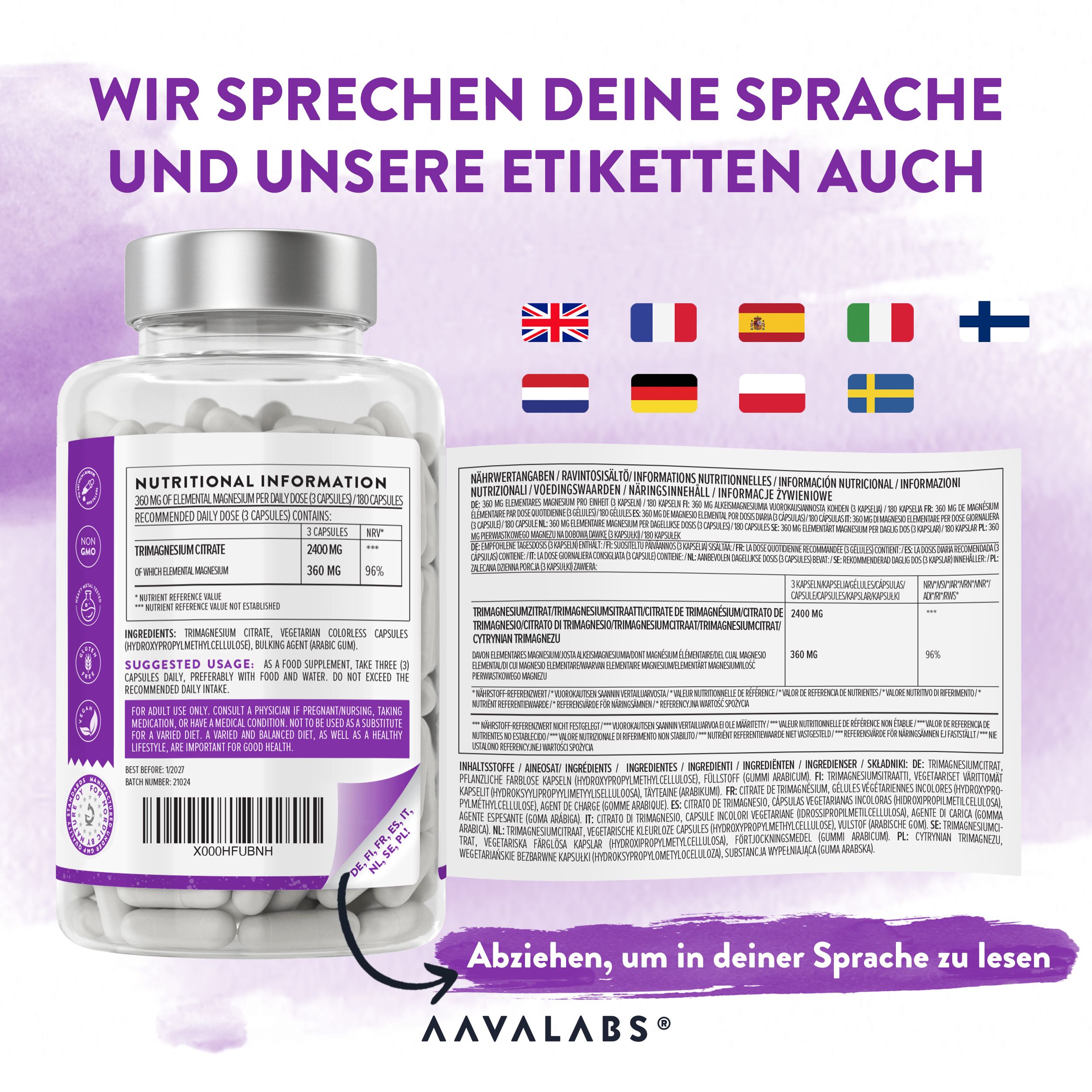 Flasche mit Magnesium Citrat Kapseln und Etikett in verschiedenen Sprachen. Informationen sind sichtbar.