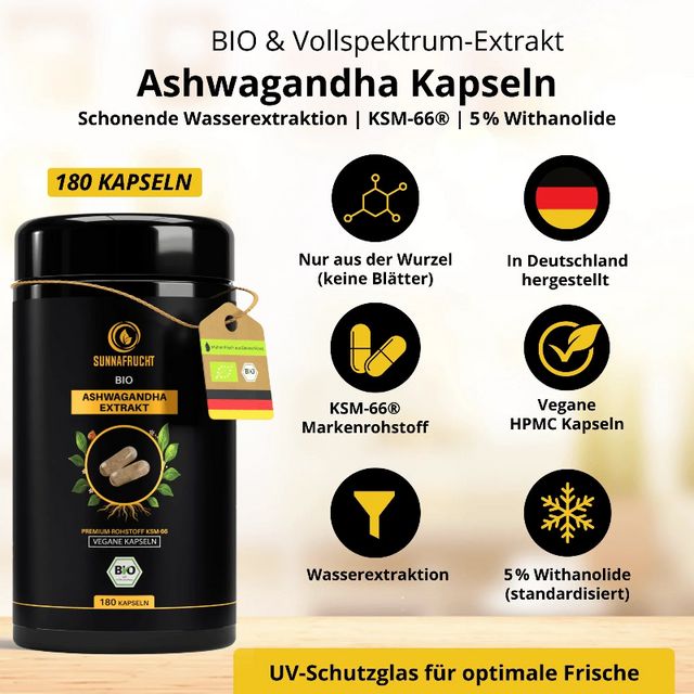 SUNNAFRUCHT BIO Ashwagandha Kapseln: KSM-66®, 5% Withanolide, vegan, aus Deutschland, UV-Schutzglas.