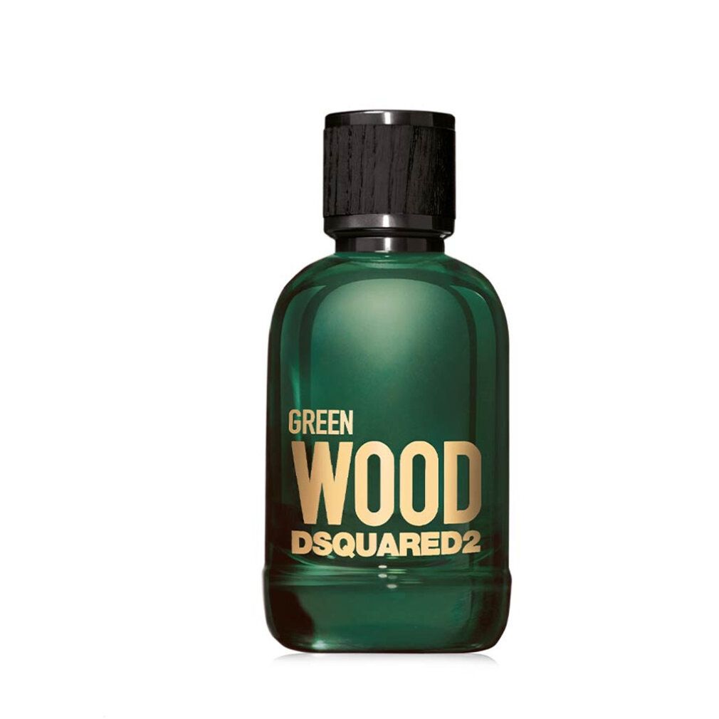 Grünes Parfümflakon mit schwarzem Holzdeckel. Goldener Schriftzug: GREEN WOOD DSQUARED2.