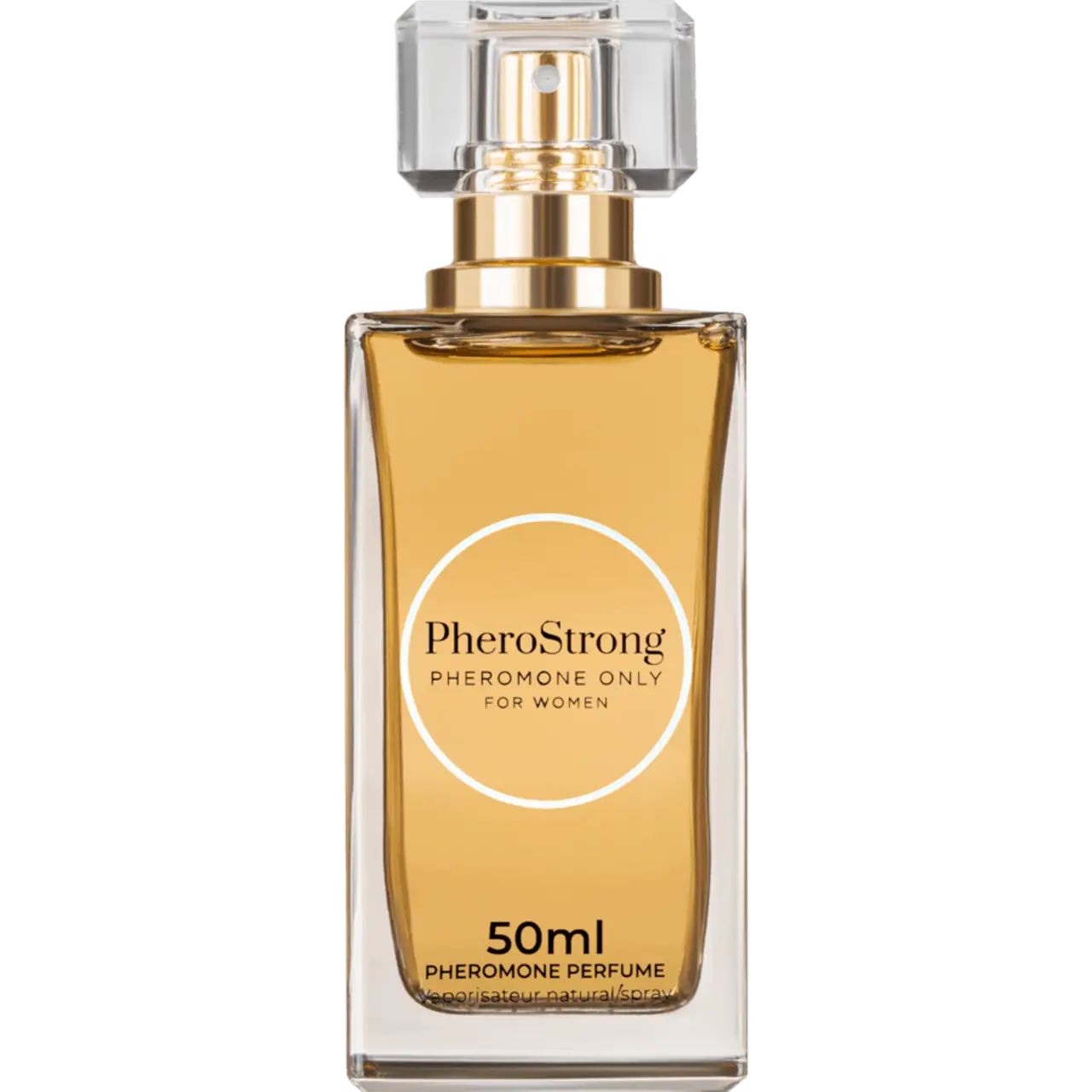 Parfümflasche mit goldfarbenem Zerstäuber und klarer Kappe. Produktname und Text auf dem Flaschenetikett.