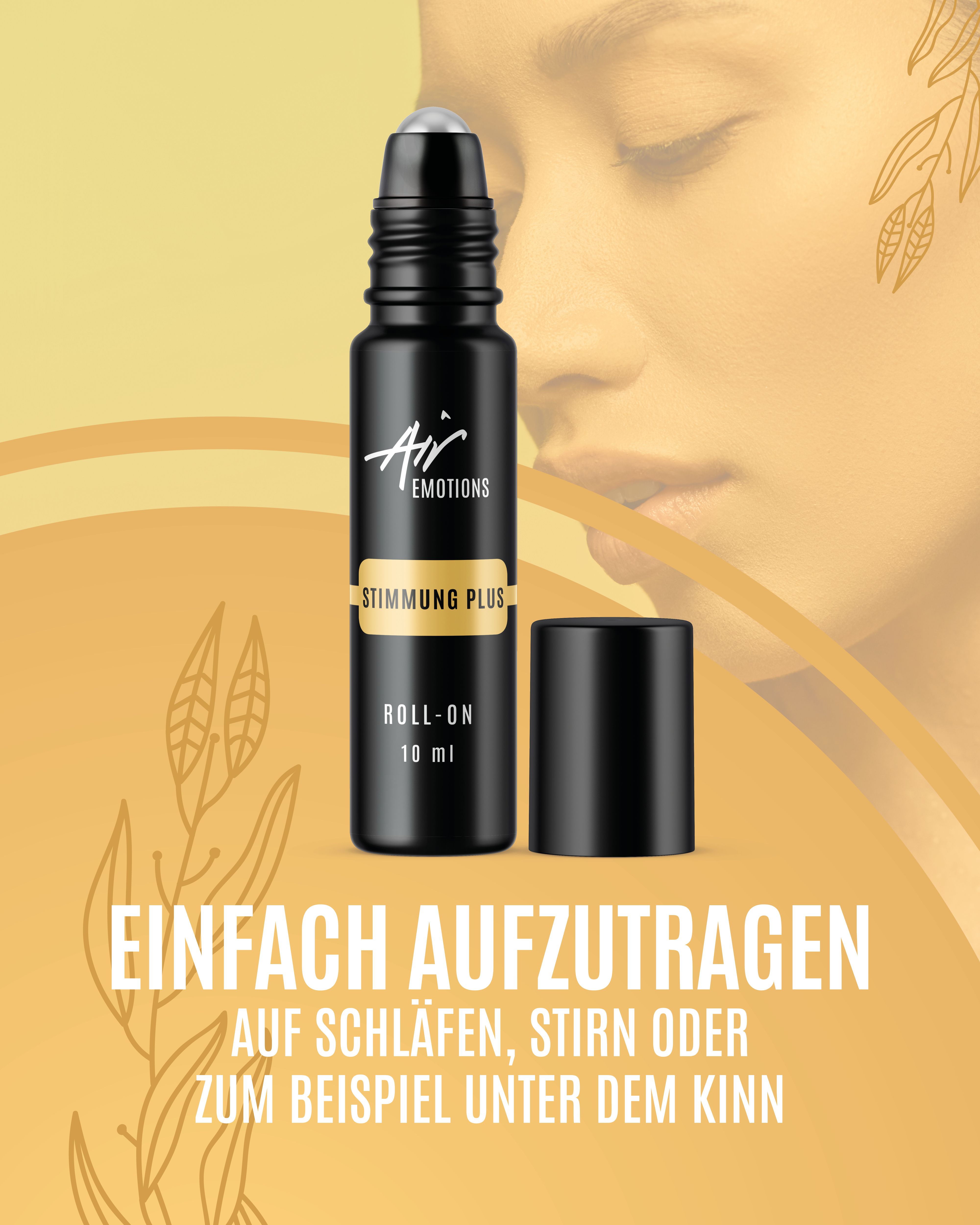 Schwarze Roll-On-Flasche mit "Stimmung Plus"-Etikett. 10 ml. Deckel daneben. Text: "Einfach aufzutragen".