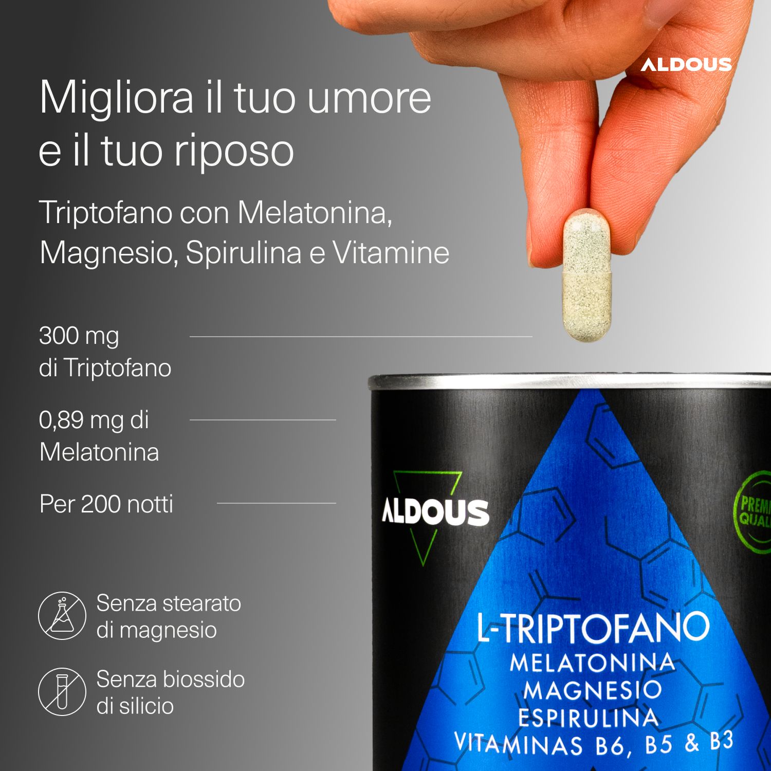 Aldous L-Tryptophan Dose mit Melatonin, Magnesium, Spirulina und Vitaminen. 200 Kapseln.