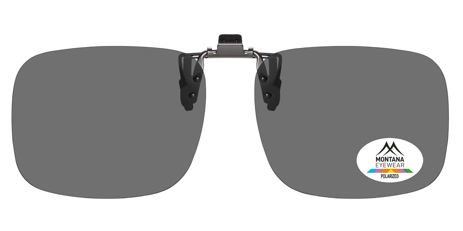 Clip-on-Sonnenbrille mit grauen Gläsern. Montana Eyewear-Logo und Polarisationshinweis. Rechteckige Form.