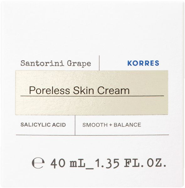 KORRES Santorini Grape Porenverfeinernde Creme. Text auf weißem Hintergrund. Produktname und Marke sichtbar.