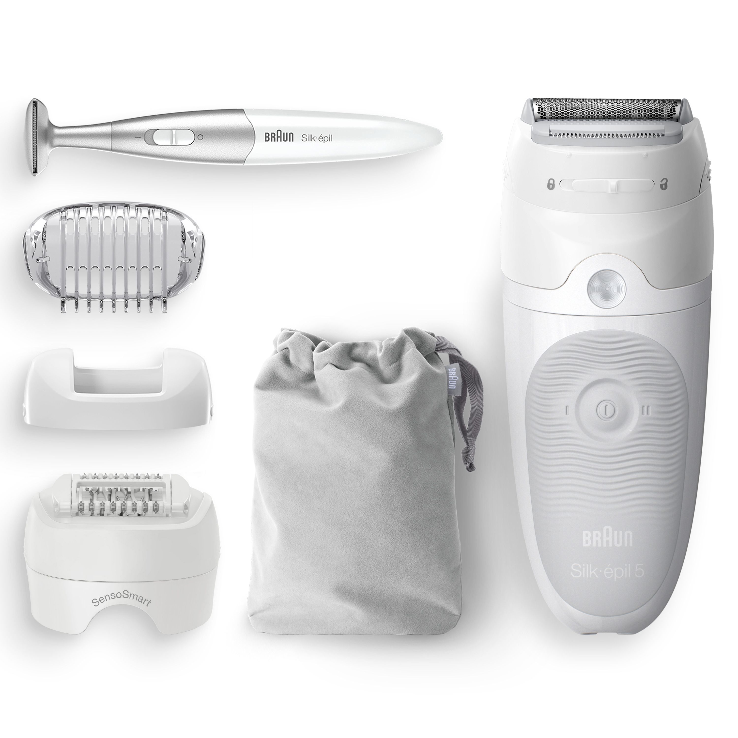Braun Silk-épil 5-805. Weißer Epilierer mit Zubehör: Aufsätze, Beutel, Trimmer. Einzelteile auf weißem Hintergrund.