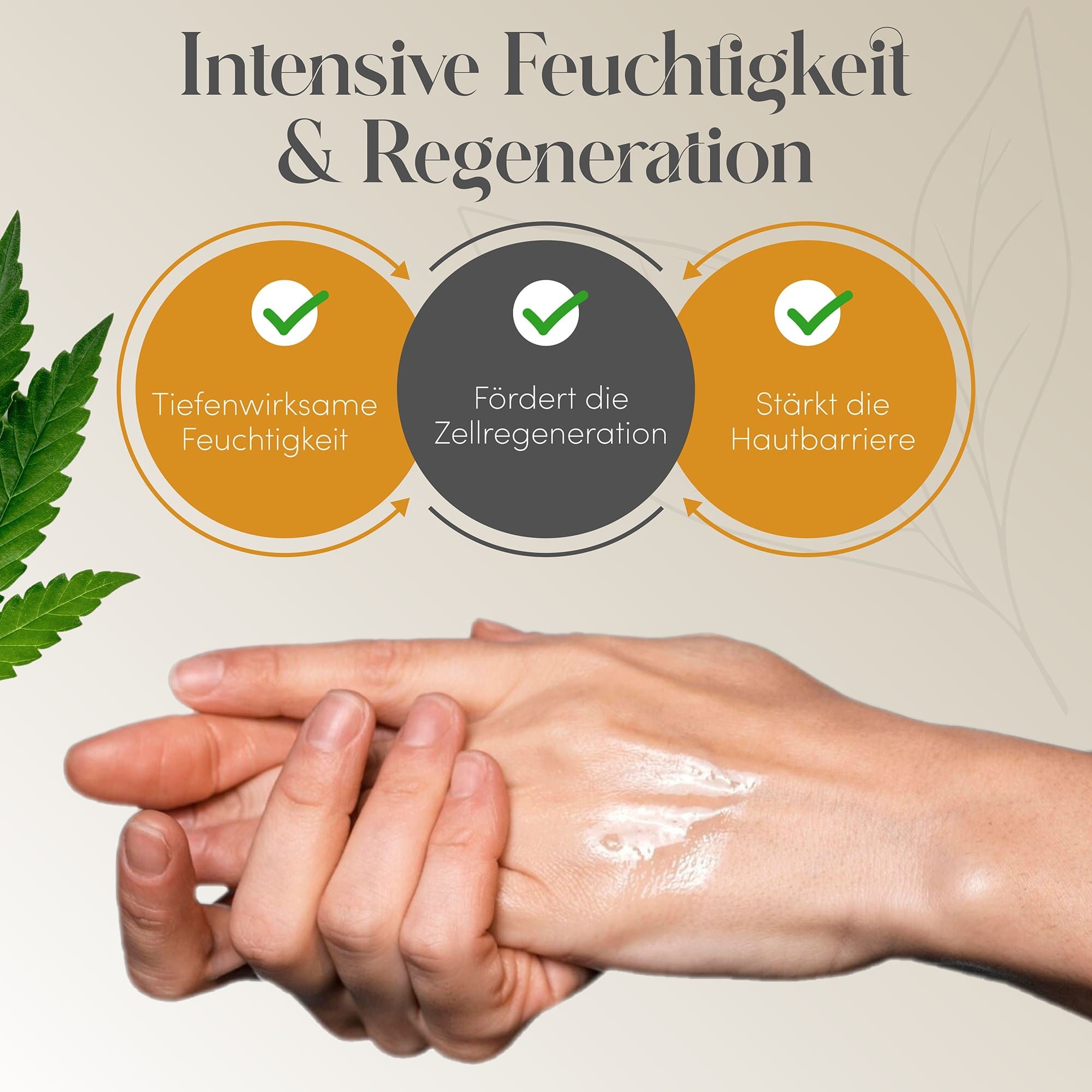 Hände mit Creme. Text: Intensive Feuchtigkeit & Regeneration. Fördert die Zellregeneration, stärkt die Hautbarriere.