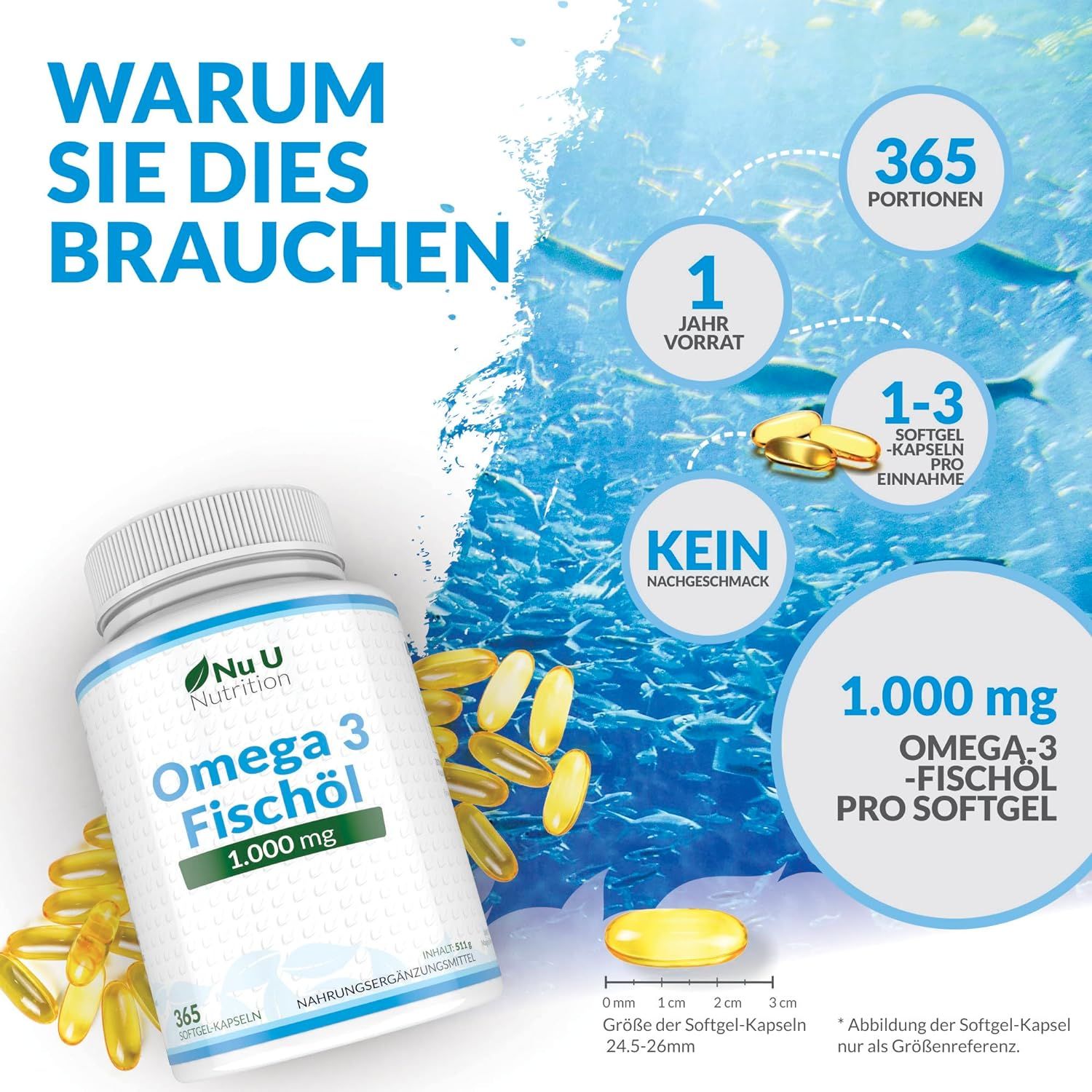 Flacone Nu U Nutrition Omega 3 Fischöl, 1.000 mg, con capsule. Grafico con informazioni su 365 porzioni.