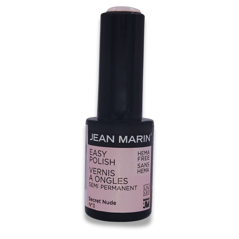 Nagellackflasche mit schwarzem Deckel. Aufschrift: JEAN MARIN, EASY POLISH, SEMI PERMANENT. Farbton: Secret Nude N°3. HEMA FREE.