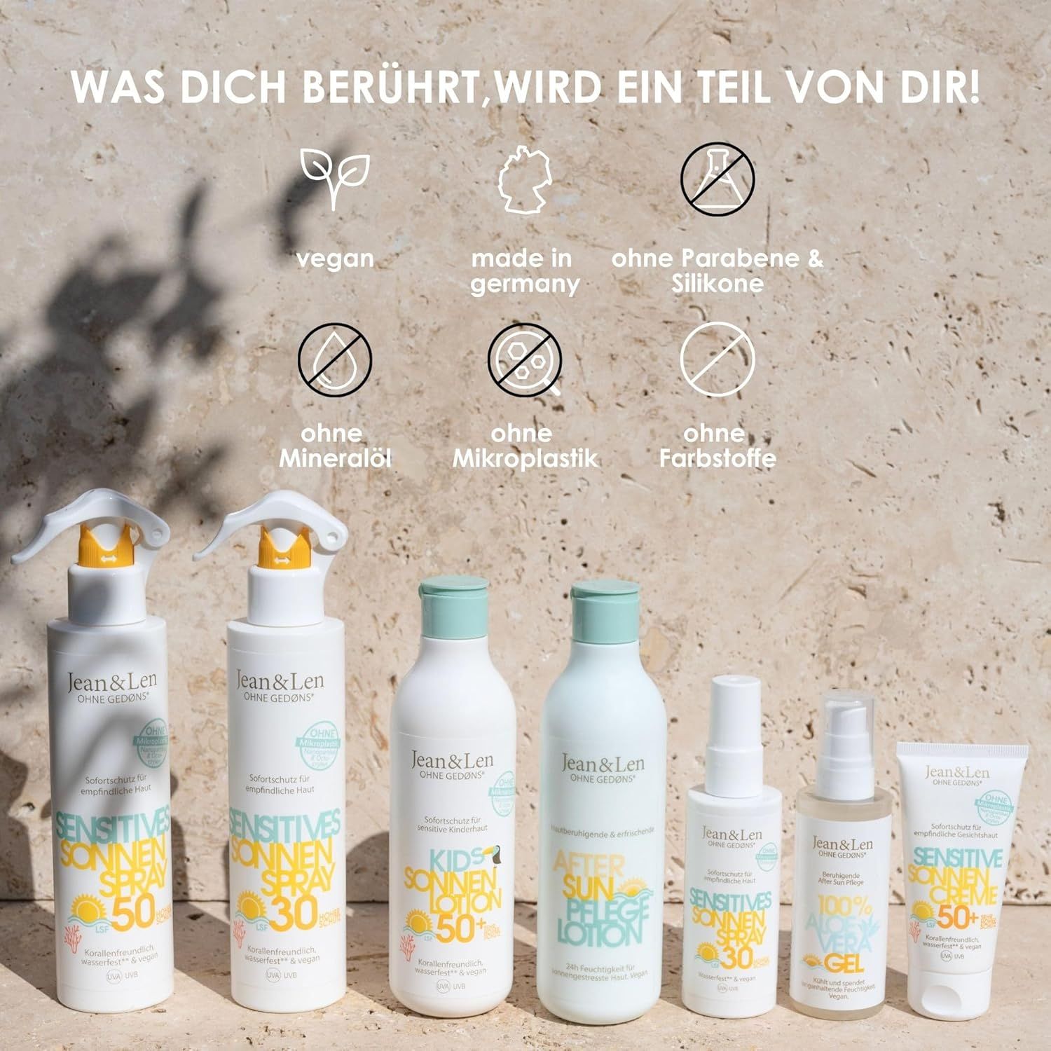 Verschiedene Produkte. Aufschrift: Jean & Len. Symbole: vegan, made in Germany, ohne Parabene & Silikone.