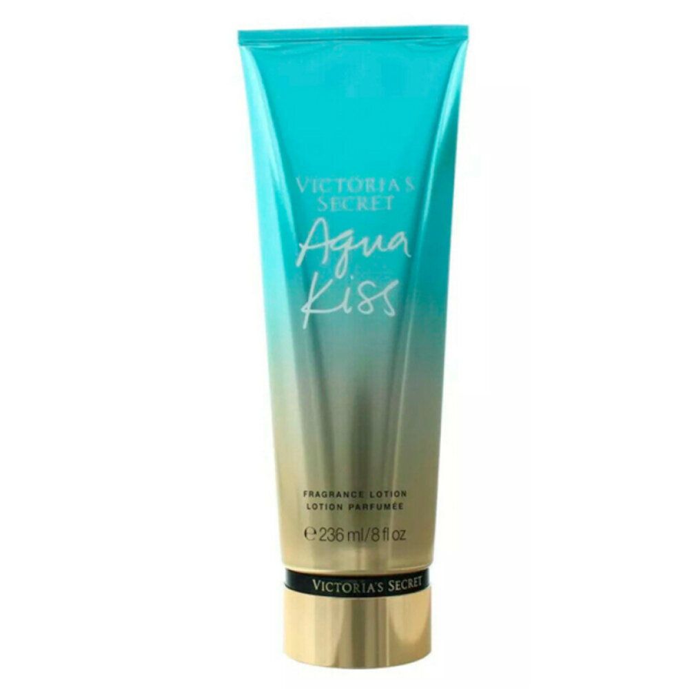 Lotion-Tube mit blau-goldener Farbverlauf. Aufschrift: Victoria's Secret Aqua Kiss, Fragrance Lotion. Volumen: 236ml/8 fl oz.