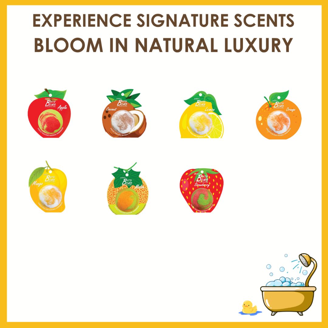 Verschiedene Badebomben-Verpackungen. Text: Experience Signature Scents, Bloom in Natural Luxury. Logo: Saboo.