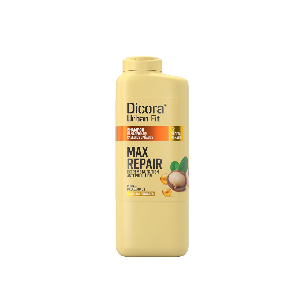 Beige Shampoo-Flasche mit gelbem Deckel. Aufschrift: Dicora Urban Fit, Max Repair, Shampoo für geschädigtes Haar.