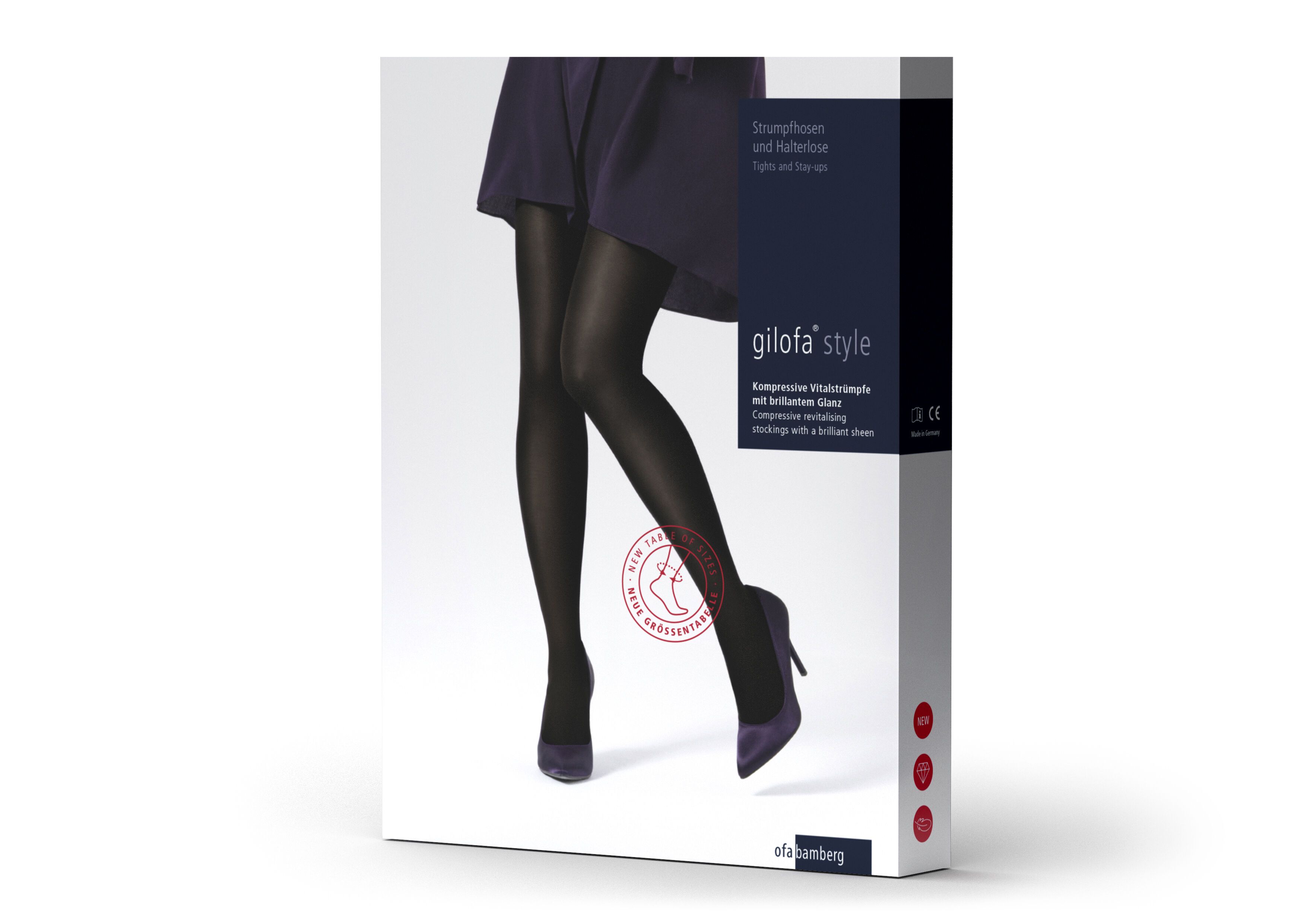 Verpackung von schwarzen halterlosen Strümpfen. Der Markenname Gilofa Style ist sichtbar. Produktinformationen auf der Verpackung.