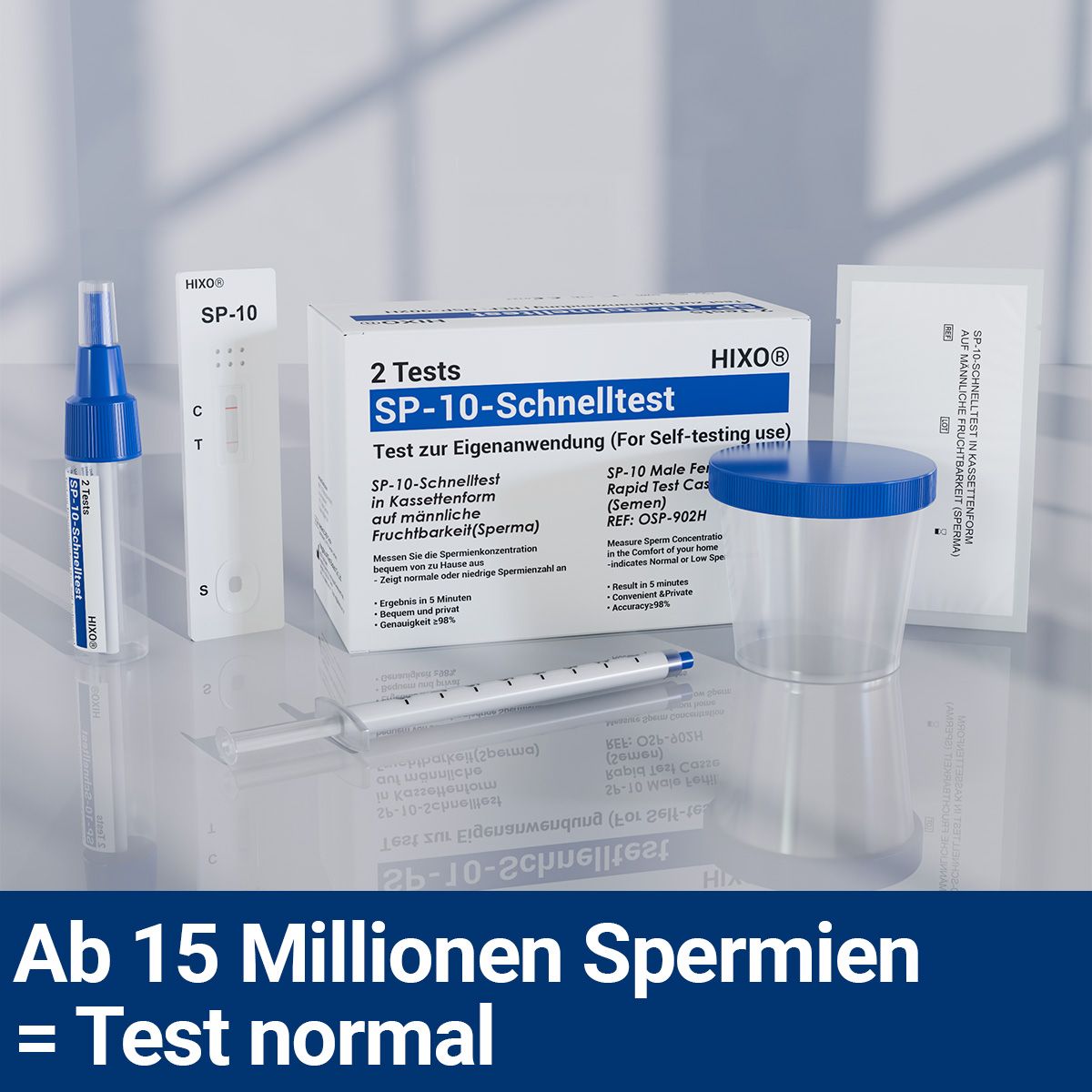 HIXO SP-10 Schnelltest. Testkassette, Fläschchen, Behälter, Spritze. Verpackung mit 2 Tests. Text: SP-10 Schnelltest, HIXO, Ab 15 Millionen Spermien.