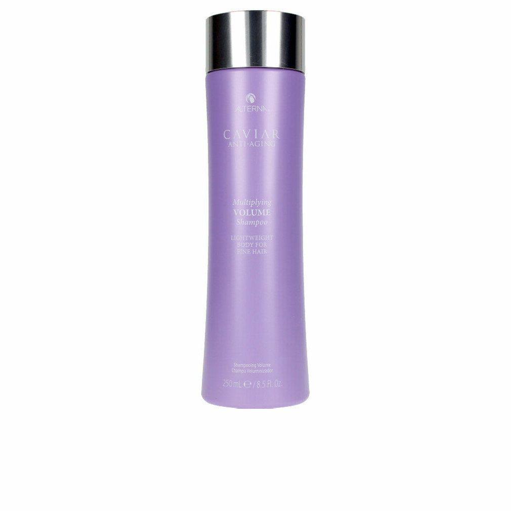 Flasche Shampoo, lila, silberner Deckel. Schriftzug: Caviar Multiplying Volume Shampoo. 250ml.