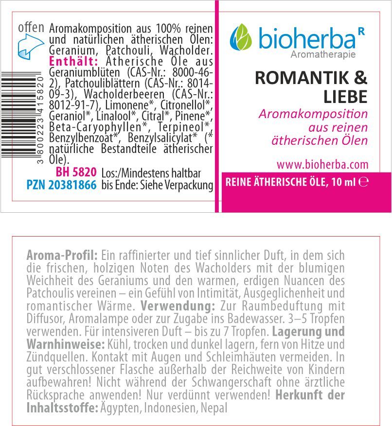 Nahaufnahme der Rückseite einer Produktverpackung. Textinformationen über Inhaltsstoffe und Anwendung. Aufschrift: Romantik & Liebe, ätherische Öle.