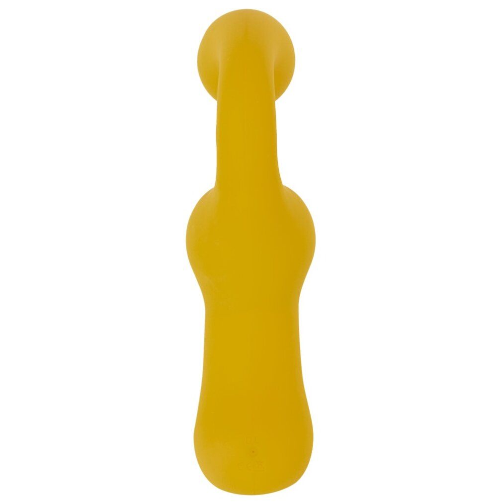 Gelber Vibrator in länglicher Form. Oberteil mit abgerundeter Spitze, Unterteil mit Bedienfeld und goldfarbenem Abschluss.