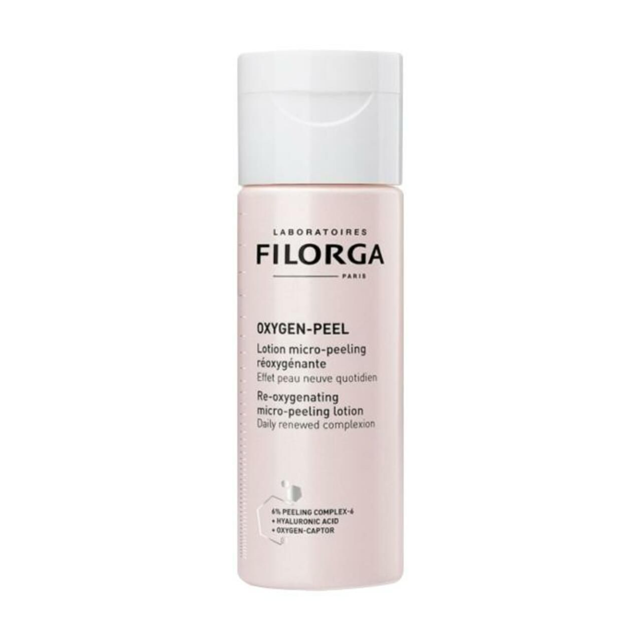 Rosa Flasche mit weißem Deckel. Aufschrift FILORGA, Oxygen-Peel. Micro-Peeling Lotion. Re-oxygenating.