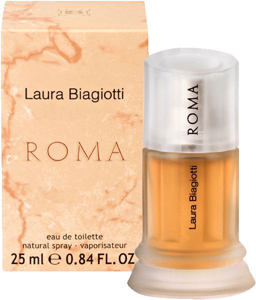Parfümflakon mit weißem Deckel. Schriftzug ROMA und Laura Biagiotti. Rosa Flüssigkeit sichtbar.