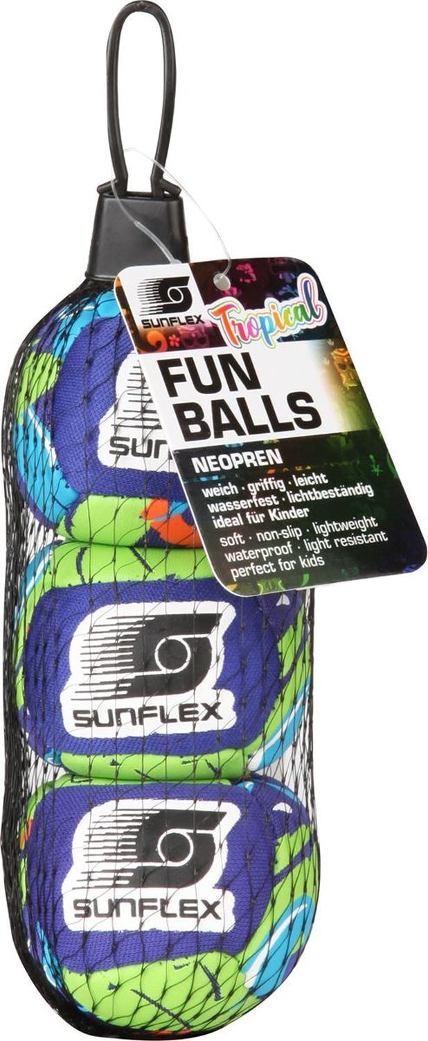 Drei Bälle in einem Netzbeutel. Auf dem Beutel steht "FUN BALLS" und "SUNFLEX". Die Bälle haben ein blaues Muster mit farbigen Flecken.