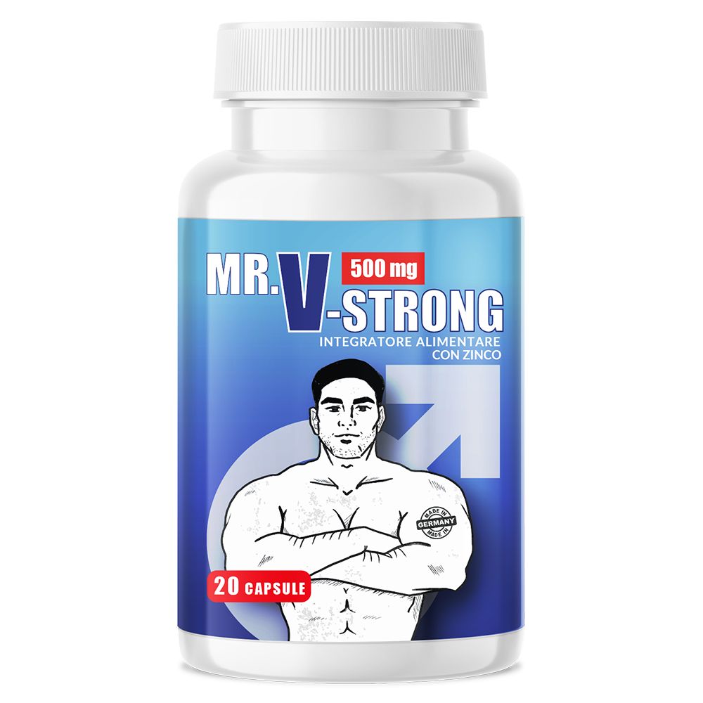 Flacone bianco con etichetta blu. Scritta: MR. V-Strong, 500 mg, 20 capsule. Sigillo Made in Germany.