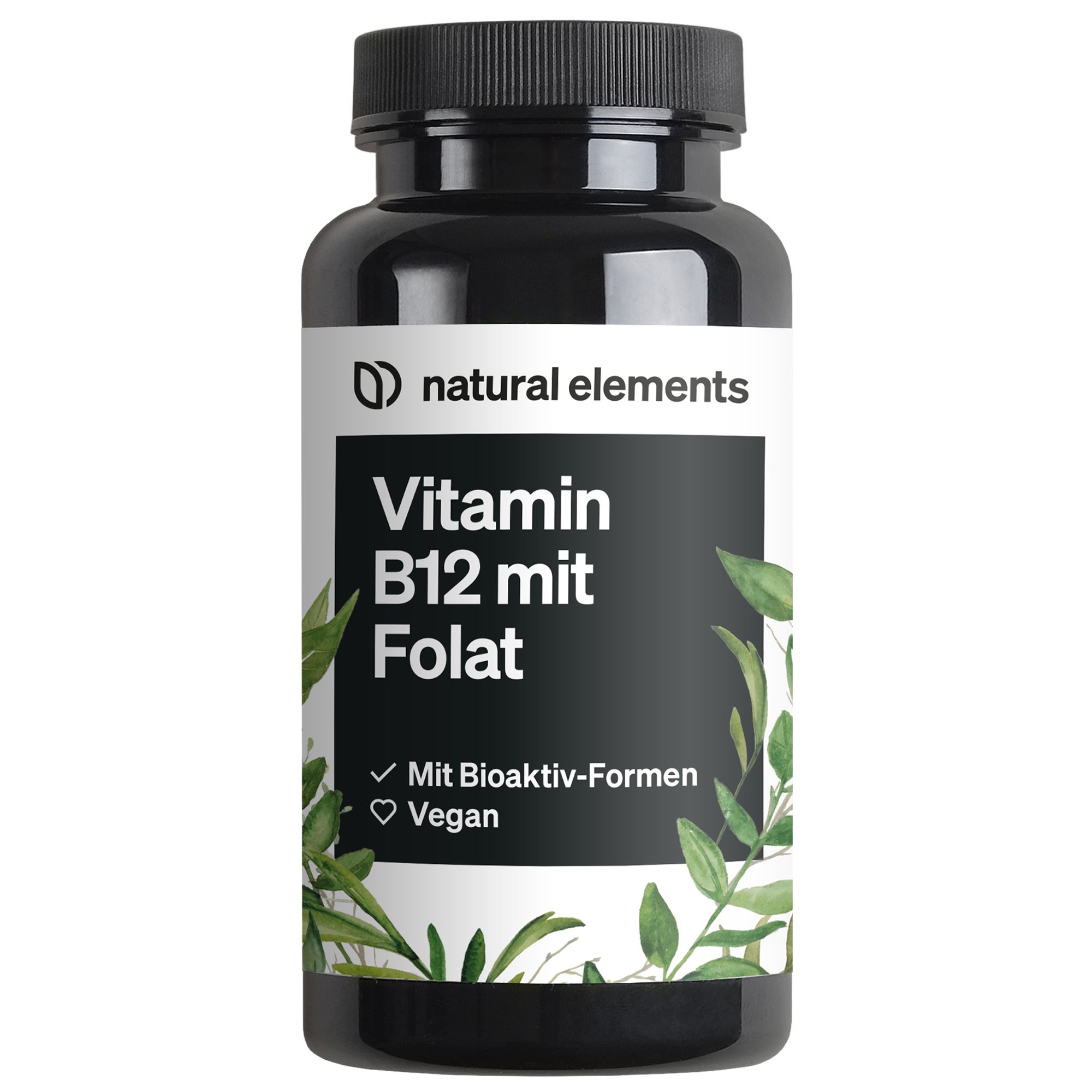 Schwarze Flasche mit weißem Etikett. Aufschrift: Vitamin B12 mit Folat. Vegan und mit Bioaktiv-Formen.