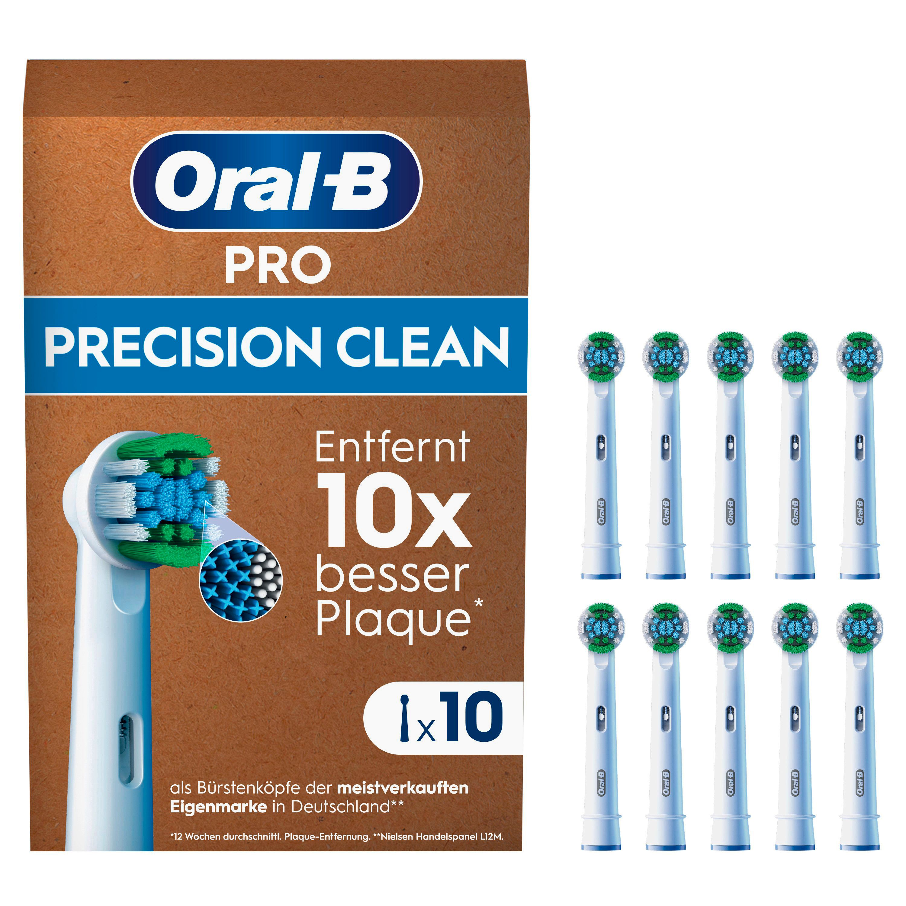 Packung Oral-B Pro Precision Clean Aufsteckbürsten. Zehn Bürstenköpfe, grüne und blaue Borsten, braune Verpackung mit Logo und Text.