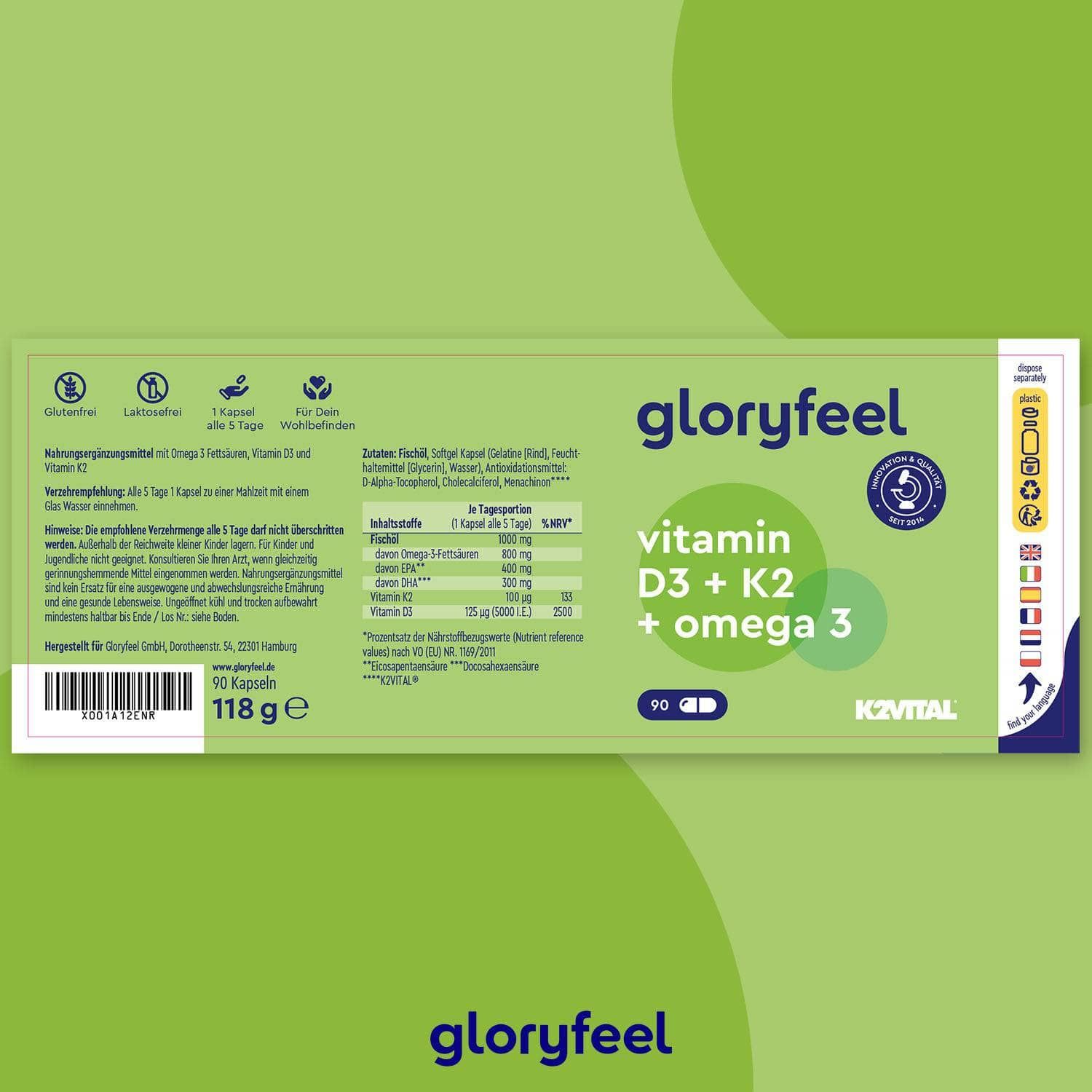 gloryfeel® Vitamin D3 5.000 I.e. K2 & Omega 3 Kapseln 90 St