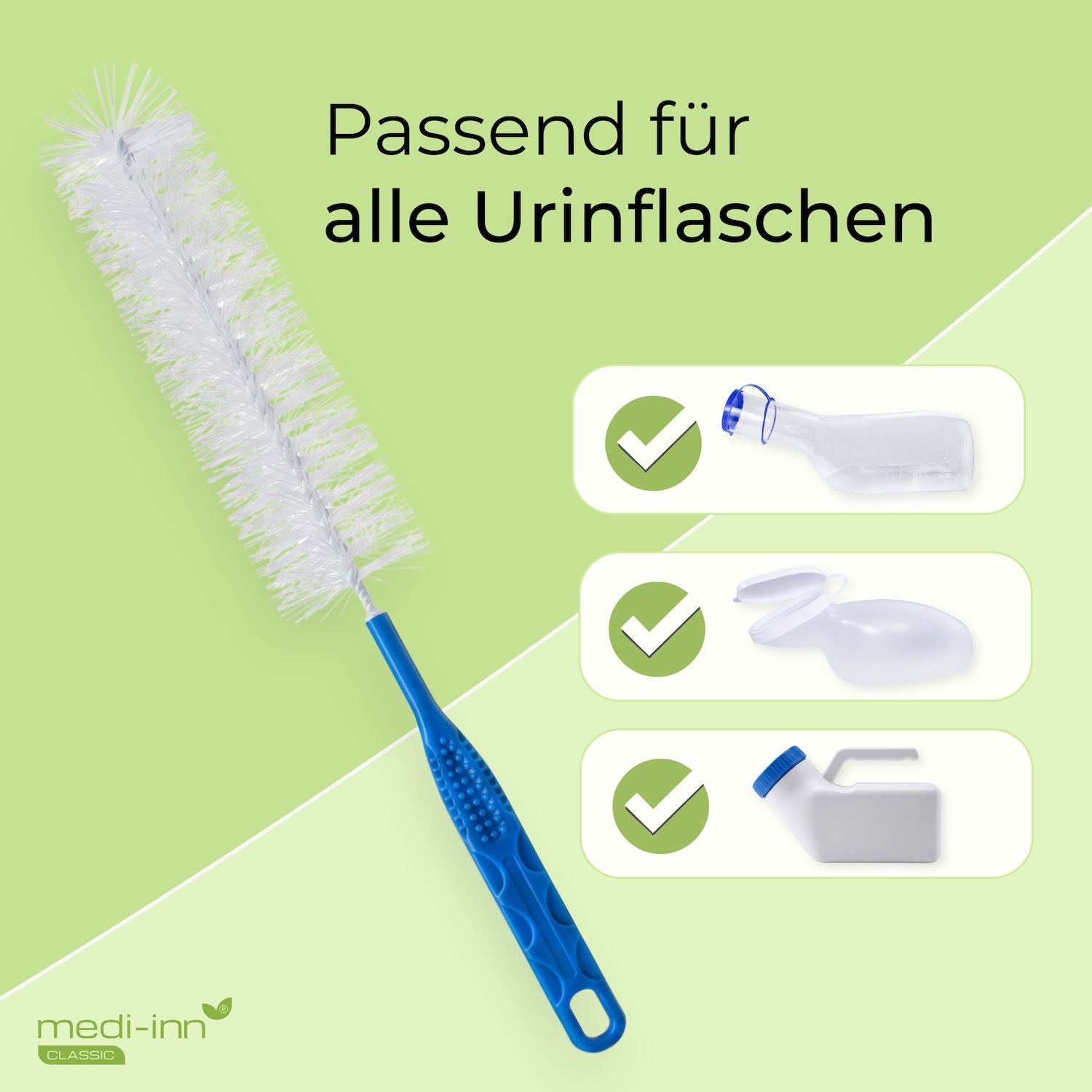 Reinigungsbürste für alle Urinflaschen. Zeigt Kompatibilität mit verschiedenen Flaschenformen.