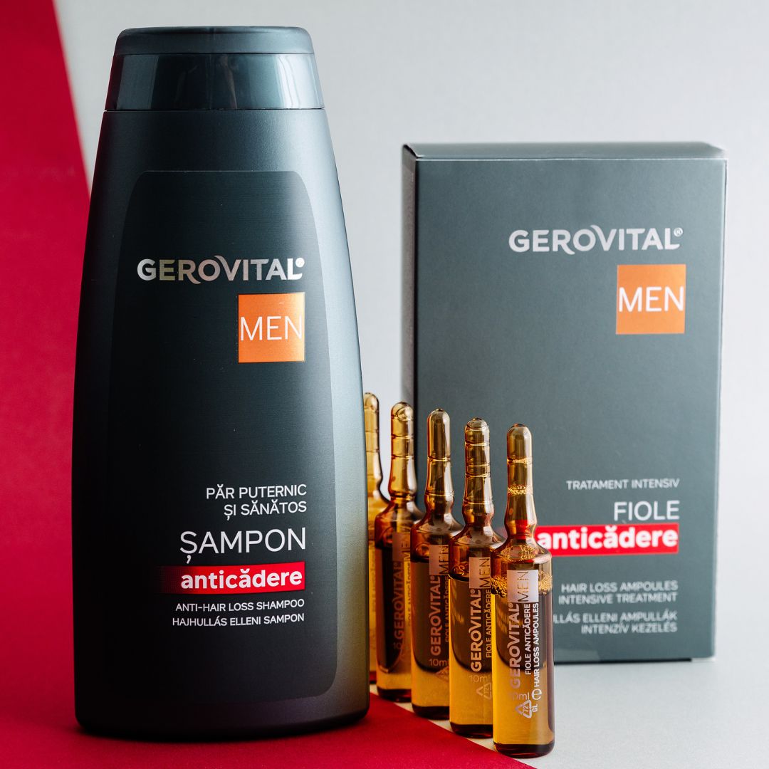 Gerovital Men Shampoo und Ampullen-Packung. Shampoo-Flasche und Schachtel mit Ampullen. Aufschrift: Fiole anticădere.