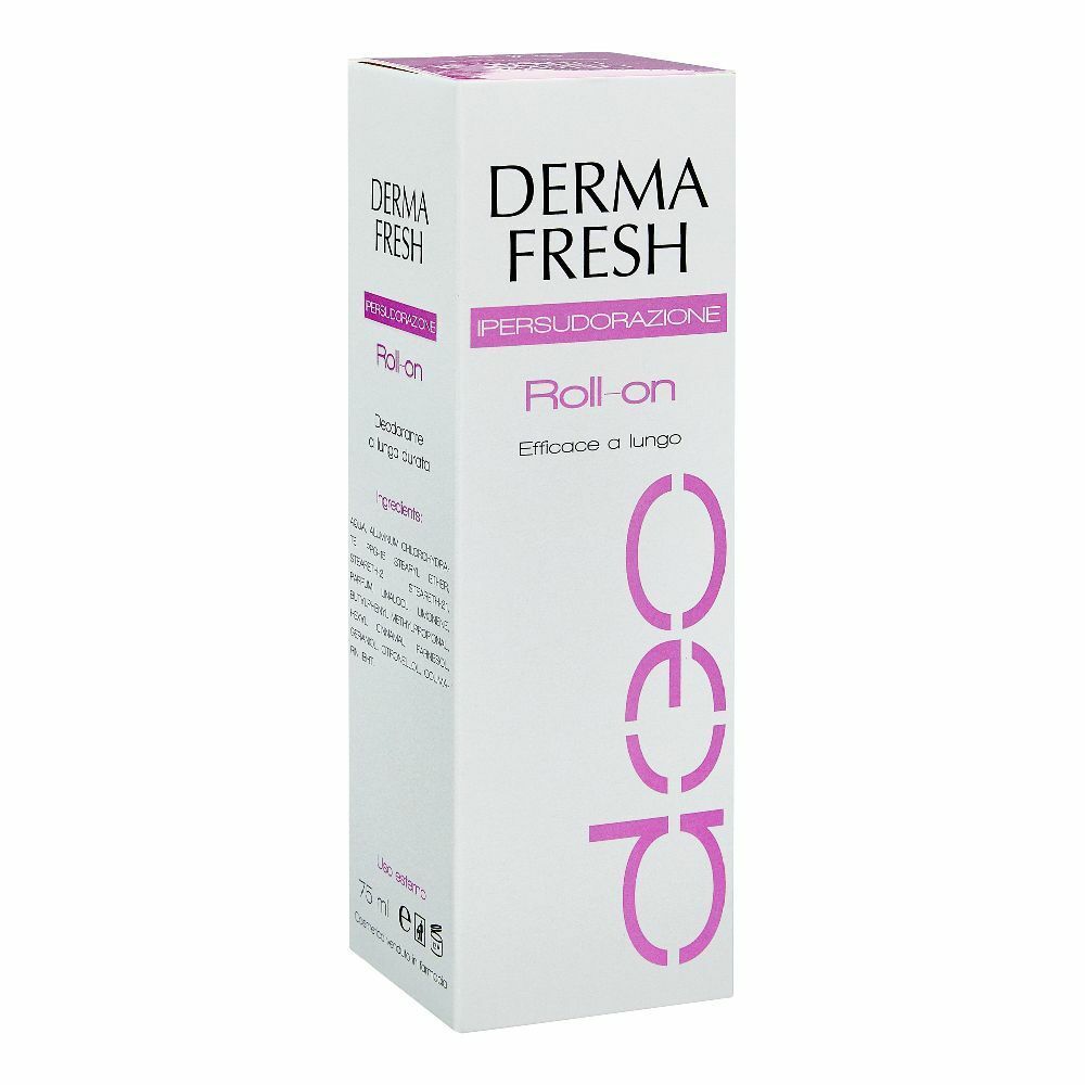 Verpackung von DERMA FRESH Roll-on. Weiß mit rosa Akzenten. Text: Roll-on, Deo, Persudazione. 75 ml.