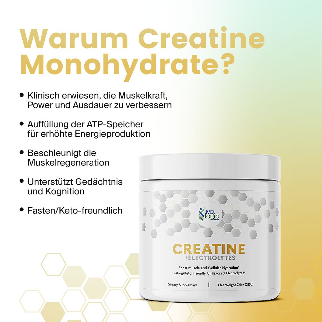Behälter "CREATINE + ELECTROLYTES" neben Text. Text: Vorteile von Kreatin-Monohydrat. Hintergrund: gelb und weiß.