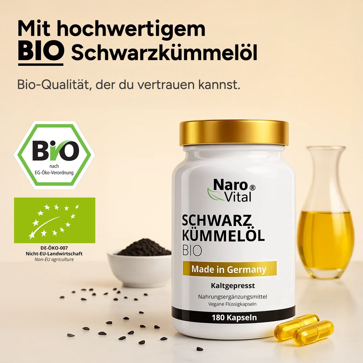 Flasche NAROVITAL® Bio Schwarzkümmelöl Kapseln, BIO-Siegel, schwarze Samen, Öl in Glas. 180 Kapseln.