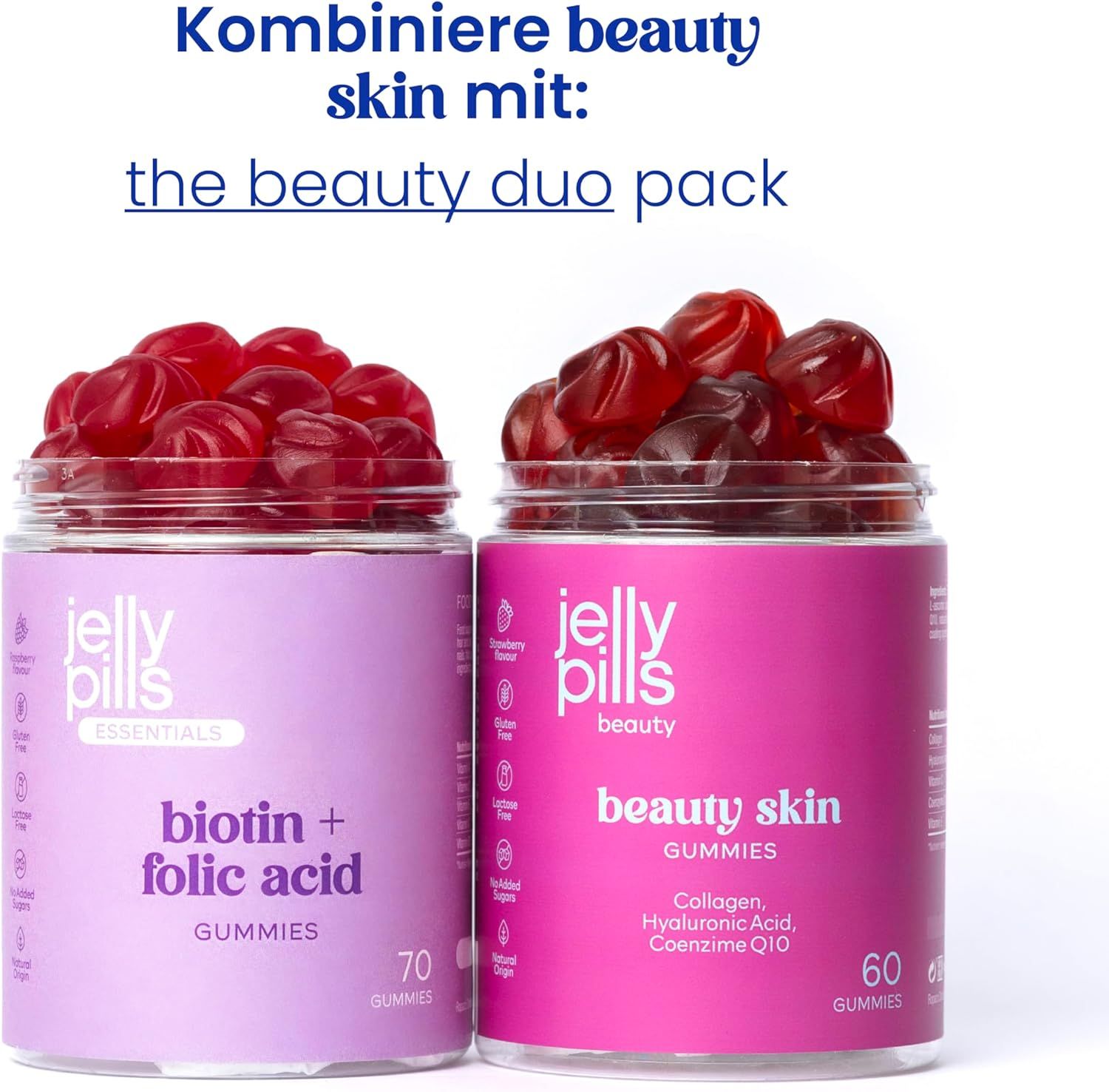 Zwei Dosen "Jelly Pills": beauty skin GUMMIES und biotin + folic acid GUMMIES. Kombinierbar als "beauty duo pack".