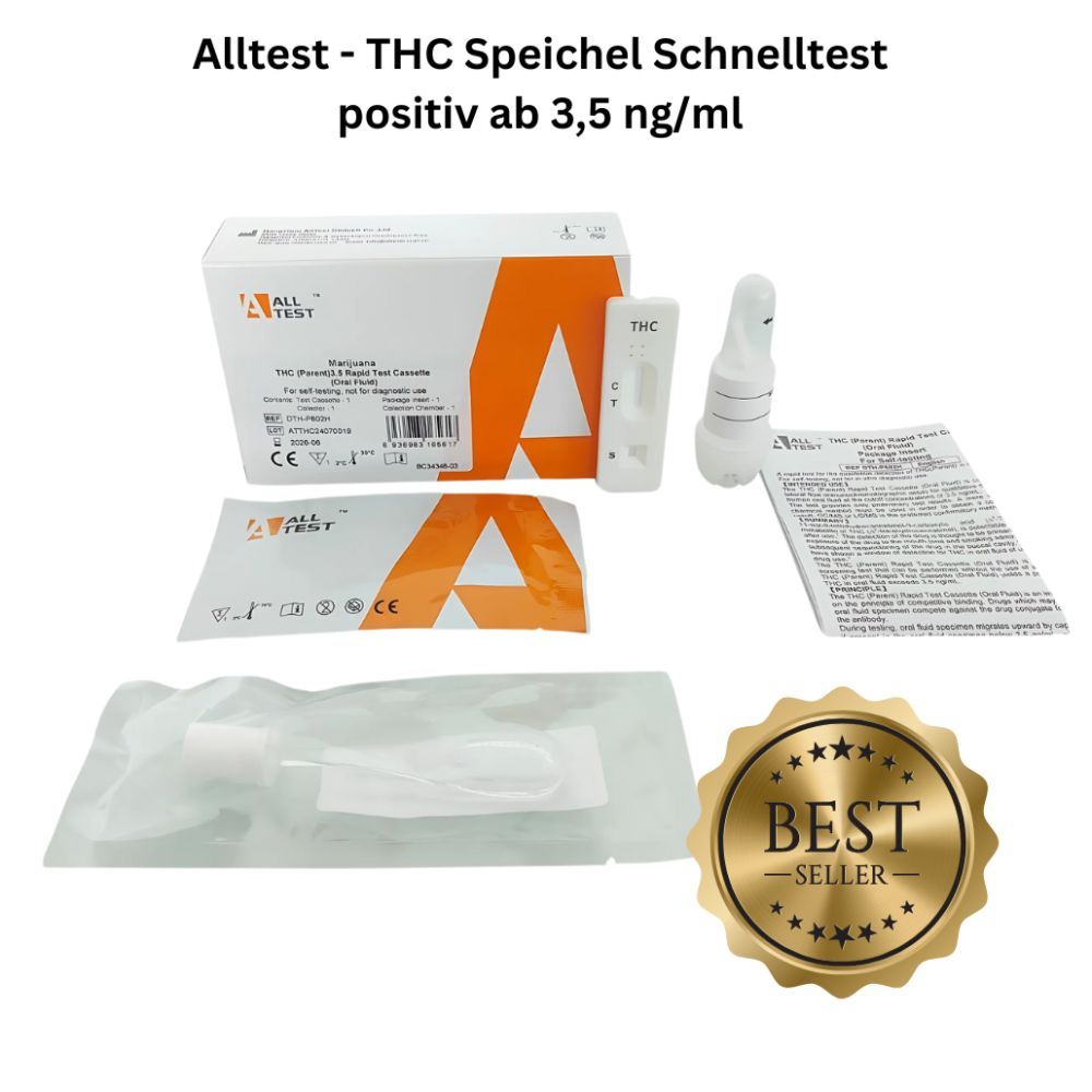 Testkit mit Testkassette, Behälter, Anweisungen und Zertifizierung. Aufschrift: Alltest - THC Speichel Schnelltest.