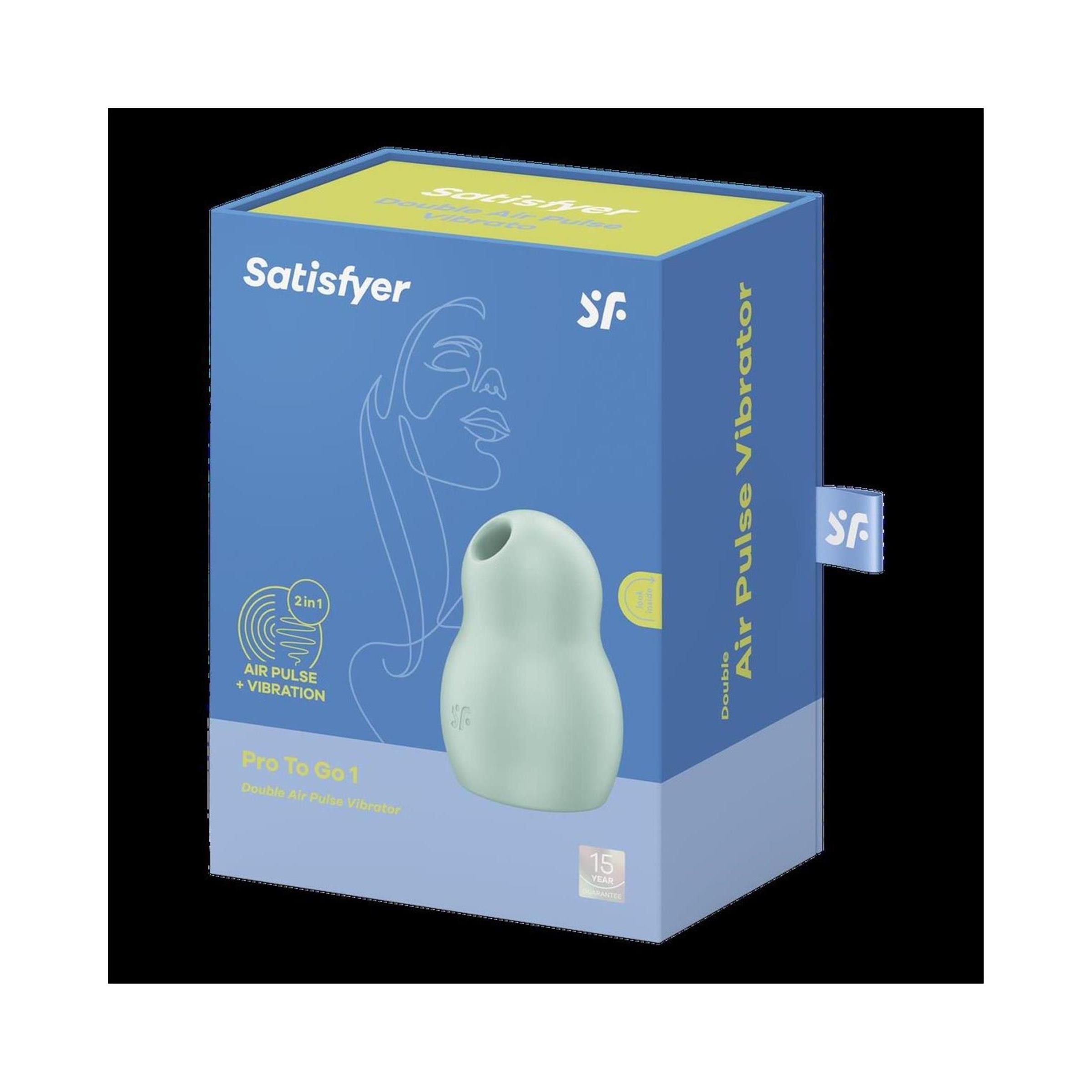 Verpackung des Vibrators. Auf der Verpackung steht "Satisfyer - Pro to Go 1 - Double Air Pulse Vibrator".