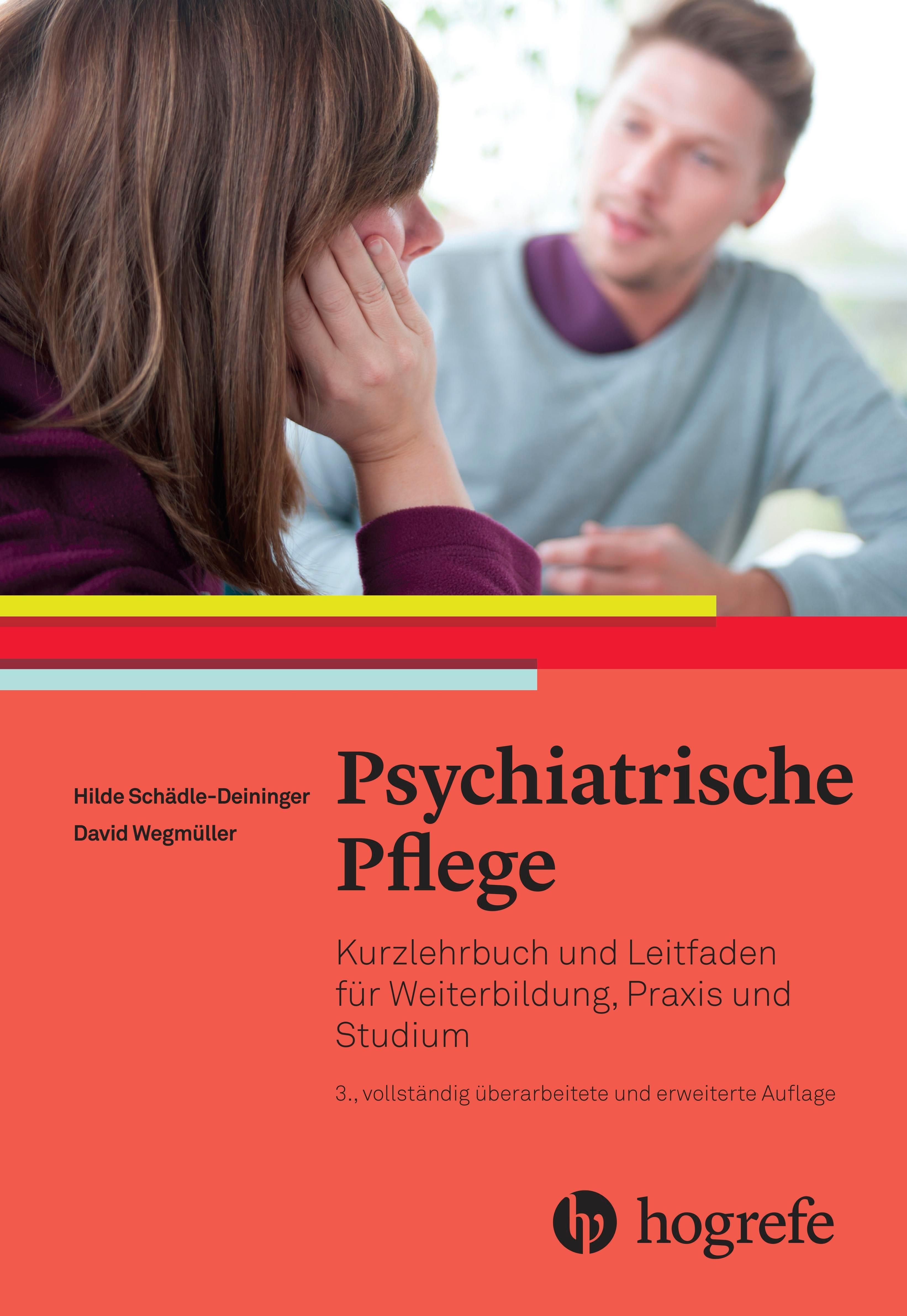 Buchcover: Psychiatrische Pflege. Titel, Autoren, und Verlagslogo. Im Hintergrund zwei Personen, eine Person stützt das Kinn.