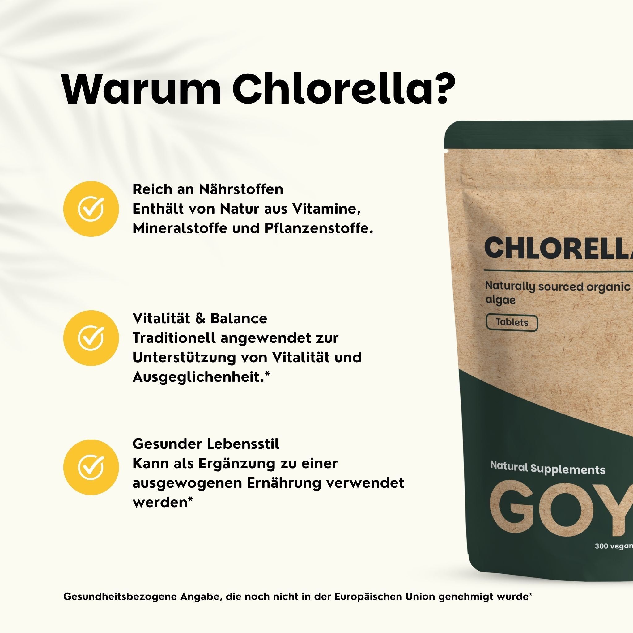 Papiertüte mit Chlorella-Tabletten, Bio, mit Kundenbewertungen und Sternen.