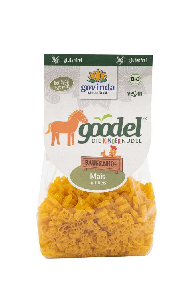 Verpackung mit glutenfreien Nudeln. Marke: goodel. Aufschrift: Bauernhof, Mais mit Reis. Vegan.